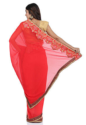 Half N Half Georgette Saree in Red and Pink