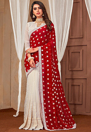 Half N Half Georgette Saree in Red and White