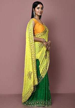 Half N Half Georgette Saree in Yellow and Green