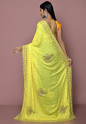 Half N Half Georgette Saree in Yellow and Green