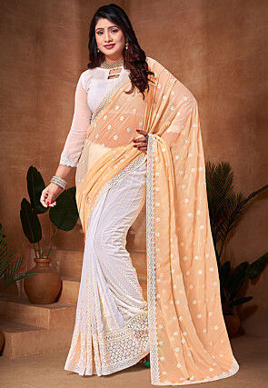 Half N Half Georgette Saree in Yellow and Off White