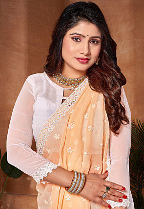 Half N Half Georgette Saree in Yellow and Off White