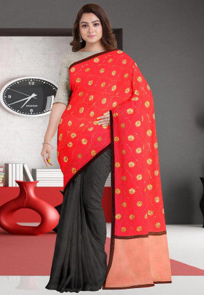 Half N Half Hand Embroidered Georgette Saree in Red and Black