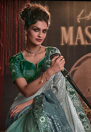 Half N Half Lycra (Elastane) Saree in Blue and Green