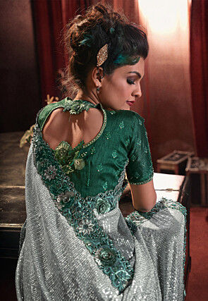 Half N Half Lycra (Elastane) Saree in Blue and Green