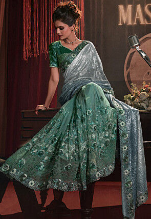 Half N Half Lycra (Elastane) Saree in Blue and Green