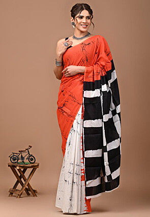 Half N Half Mulmul Cotton Saree in Orange and White