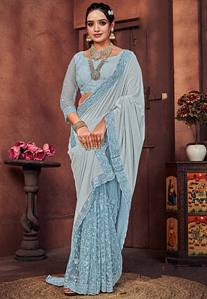 Half N Half Net and Elastane Saree in Light Blue