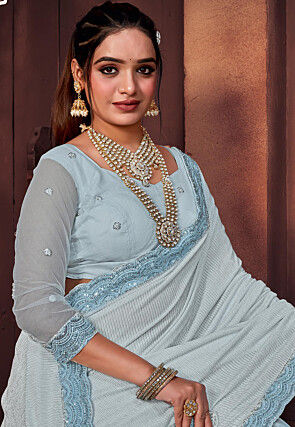 Half N Half Net and Elastane Saree in Light Blue