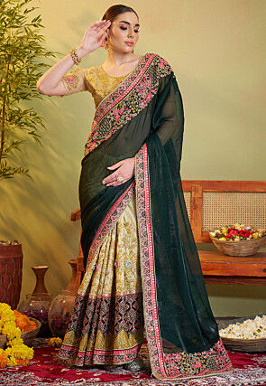 Half N Half Organza Saree in Dark Green and Beige