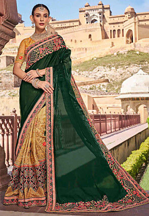 Yellow Embroidered N Green Belt Saree Party Wear