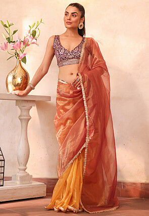 Half n Half Organza Saree in Pink and Mustard