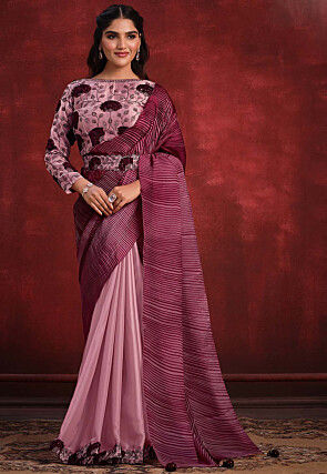 Half N Half Polyester and Satin Georgette Saree in Pink