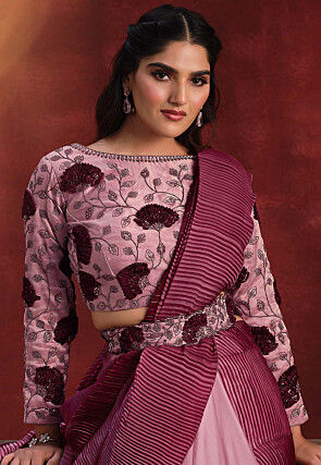 Half N Half Polyester and Satin Georgette Saree in Pink
