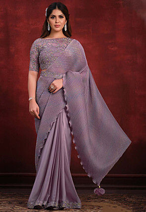 Half N Half Polyester and Satin Georgette Saree in Purple