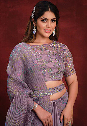 Half N Half Polyester and Satin Georgette Saree in Purple