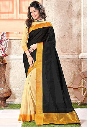 Half N Half Pure South Cotton Saree in Black and Light Beige