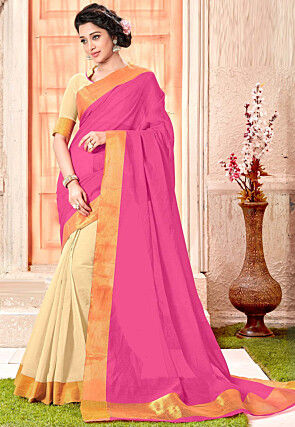 Half N Half Pure South Cotton Saree in Pink and Light Beige
