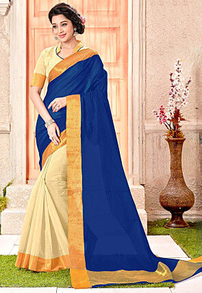 Half N Half Pure South Cotton Saree in Royal Blue and Beige