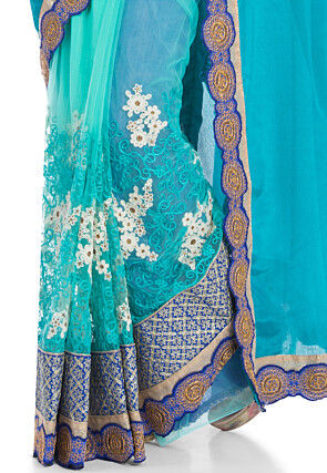 Half N Half Satin Chiffon Saree in Teal Blue