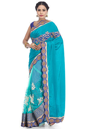 Half N Half Satin Chiffon Saree in Teal Blue