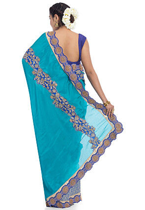 Half N Half Satin Chiffon Saree in Teal Blue