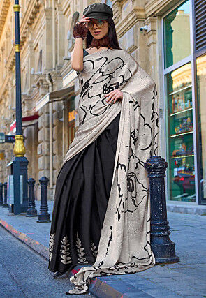 Half N Half Satin Crepe Saree in Black and Beige