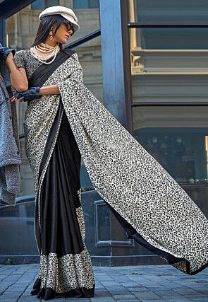 Half N Half Satin Crepe Saree in Cream and Black