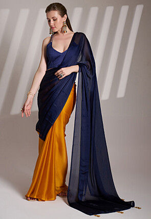 Half N Half Satin Saree in Navy Blue and Mustard
