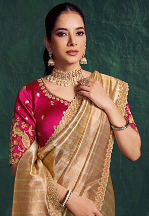 Half N Half Tissue Silk Saree in Peach and Golden