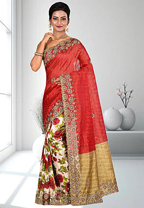 Half N Half Upada Silk Saree in Red and White