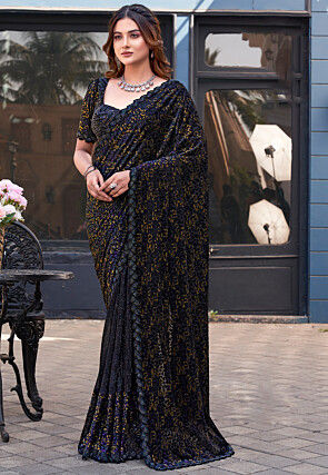 Half N Half Velvet Scalloped Saree in Black