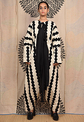 Hand Applique Pure Cotton Jumpsuit in Beige and Black