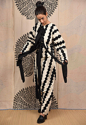 Hand Applique Pure Cotton Jumpsuit in Beige and Black