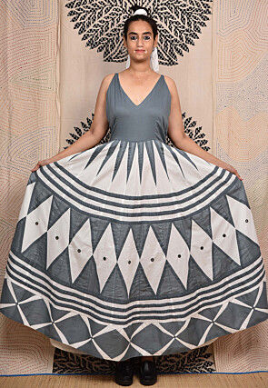 Hand Applique Pure Cotton Maxi Dress in Grey and White