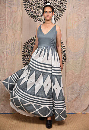 Hand Applique Pure Cotton Maxi Dress in Grey and White