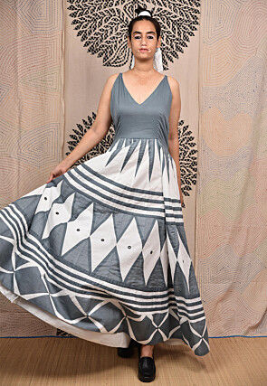 Hand Applique Pure Cotton Maxi Dress in Grey and White