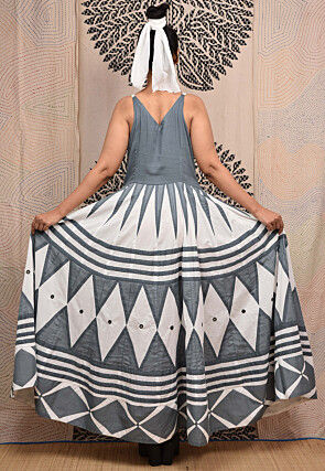 Hand Applique Pure Cotton Maxi Dress in Grey and White