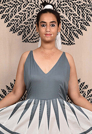 Hand Applique Pure Cotton Maxi Dress in Grey and White