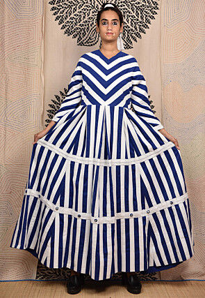 Hand Applique Pure Cotton Maxi Dress in White and Royal Blue