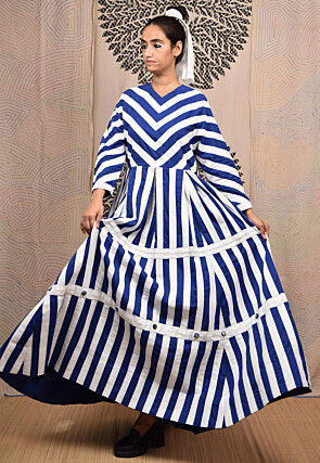 Hand Applique Pure Cotton Maxi Dress in White and Royal Blue