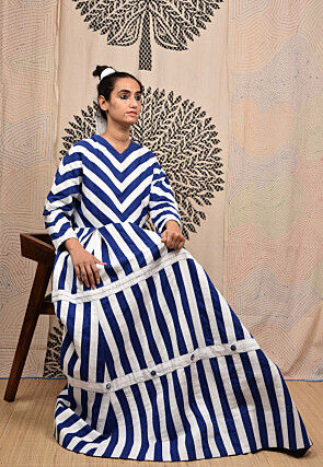 Hand Applique Pure Cotton Maxi Dress in White and Royal Blue