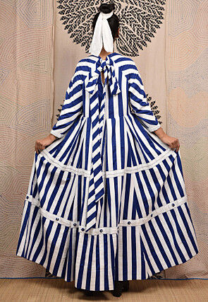 Hand Applique Pure Cotton Maxi Dress in White and Royal Blue