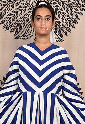 Hand Applique Pure Cotton Maxi Dress in White and Royal Blue