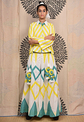 Hand Applique Pure Cotton Shirt Set in Yellow and White