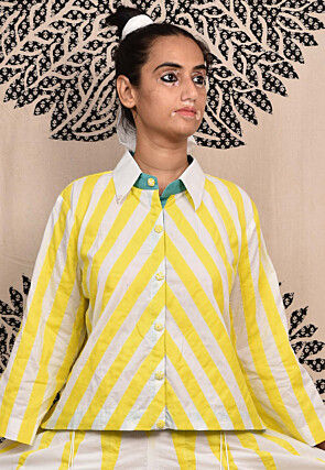 Hand Applique Pure Cotton Shirt Set in Yellow and White