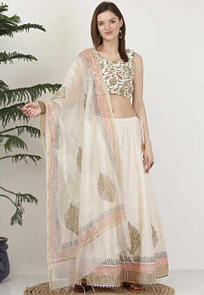 Hand Block Printed Art Silk Lehenga in Off White