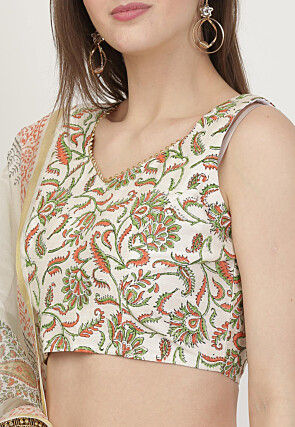 Hand Block Printed Art Silk Lehenga in Off White