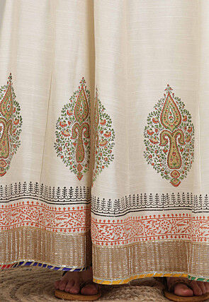 Hand Block Printed Art Silk Lehenga in Off White
