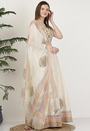 Hand Block Printed Art Silk Lehenga in Off White